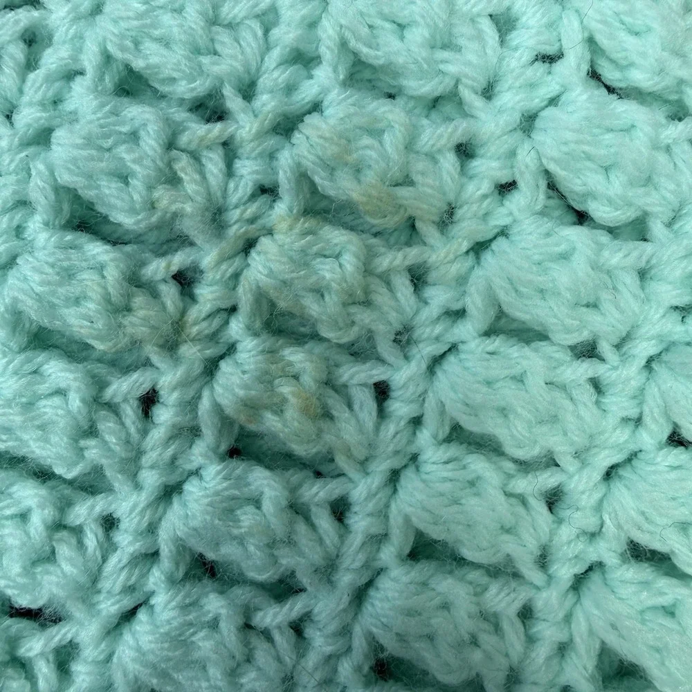 Handmade Crochet Afghan Throw 47x55 Mint Green Puff Stitch Scalloped Edge